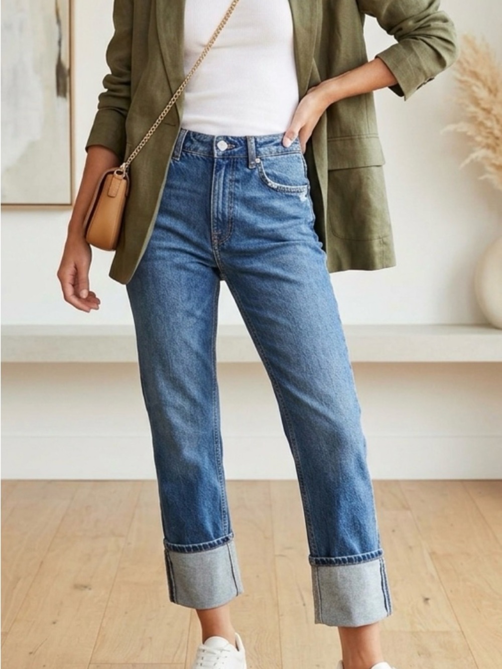 Zara Medium Blue High-Rise Cropped Straight Jeans with Rolled Cuffs